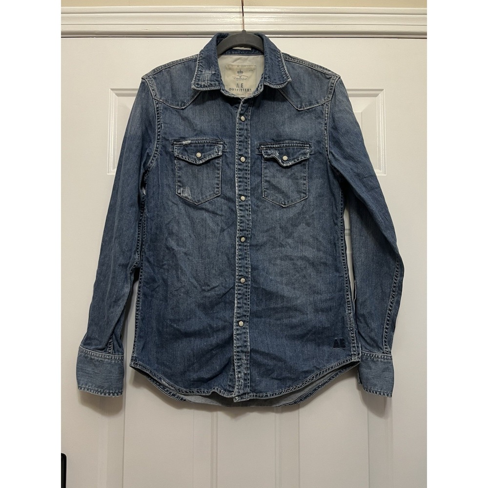 American Eagle 1977 Denim Pearl Snap‎ Jean Shirt XS Women Slim Fit Western Boho